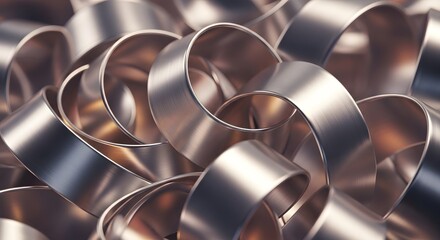 Close up abstract metallic ribbons swirling in a chaotic pattern