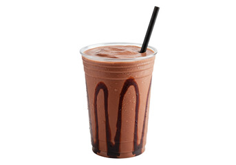 high-key macro shot of a creamy chocolate milkshake in a transparent plastic cup, condensation, black straw, syrup drizzle, isolated on white background with copy space, concept for beverage