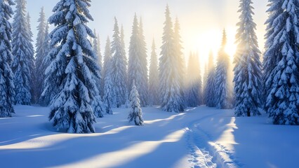 Snowy forest landscape with evergreen trees and sun shining through, winter scene with snow covered trees and ground
