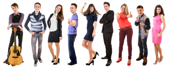 Smiling young diverse people isolated on PNG transparent background posing together for studio photo shoot, cheerful group of friends teenagers students standing casual modern lifestyle portraits