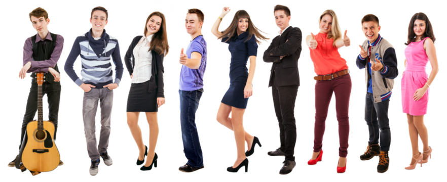 Smiling young diverse people isolated on PNG transparent background posing together for studio photo shoot, cheerful group of friends teenagers students standing casual modern lifestyle portraits - Powered by Adobe