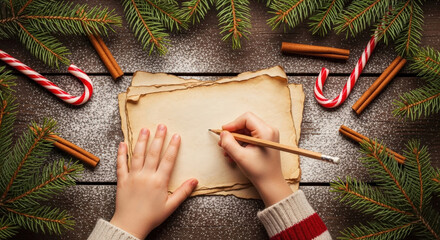 Child writing letter to santa claus with candy canes
