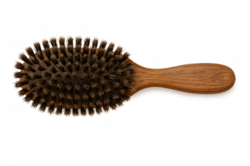 Boar bristle hair brush presenting a natural wood handle, used for effective daily hair care and styling routines
