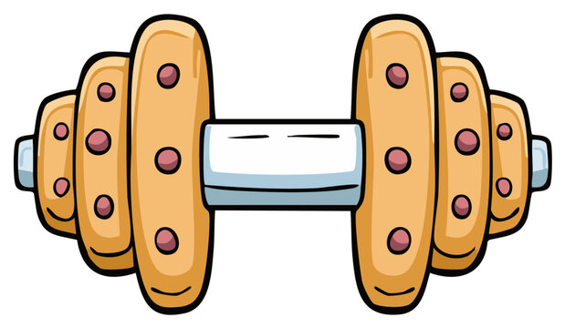 Playful cartoon dumbbell with brown weights and pink dots, gym fitness equipment illustration