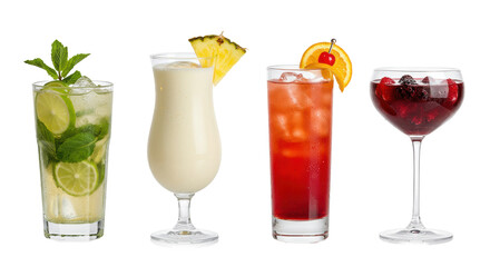 four ultra-detailed virgin mocktails (mojito, pina colada, spritzer, berry fizz) displayed in a row on a reflective white studio surface with heavy condensation and vibrant colors. concept for