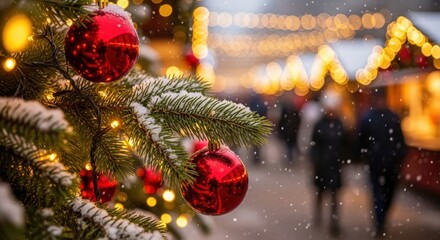 Christmas tree with ornaments at a festive market