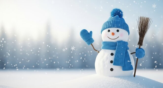 Cute snowman waving in a snowy winter landscape