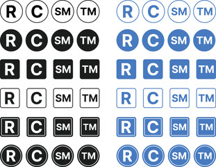 Registered,  copyright, Service mark and trade mark icon set. R, C, SM, tm symbols sets. Intellectual Property and Commercial Rights signs. Official Registration, Ownership and Service Protection sign