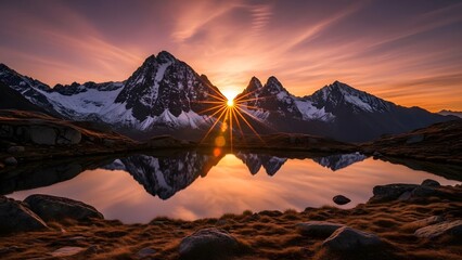 Serene mountain landscape with snowcapped peaks reflecting in calm lake at sunset