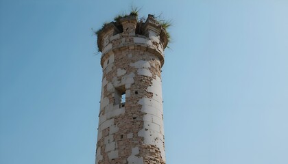 Ancient Stone Tower Against a Clear Blue Sky.