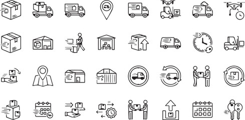 Logistics Line Icons Set. Shipping, Delivery, Warehouse, E-commerce, and Fast Transport Vector Illustrations.