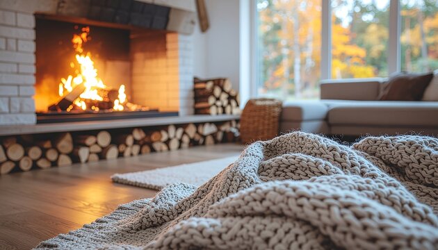 fireplace with burning logs - Powered by Adobe