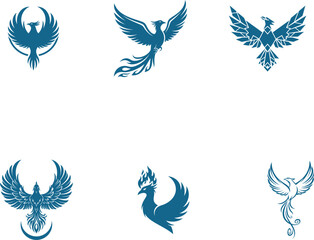 Fototapeta premium A captivating collection of diverse majestic blue phoenix bird logo designs symbolizing strength power and mythical rebirth ready for branding and graphic projects and creative endeavors