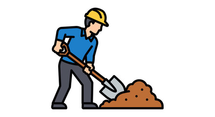 Illustrated Laborer Employing Shovel to Dig Earth, Depicting Construction and Work Effort