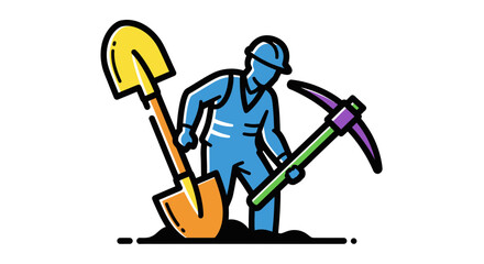 Illustrated Mine Worker Using Shovel and Pickaxe, Working Hard On a Project