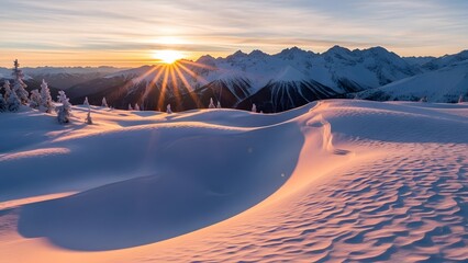 Snowy mountain landscape at sunrise with sun rays and snow covered trees and hills