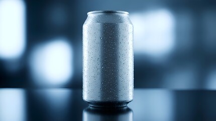 A Cold Refreshing Beverage Can with Water Droplets on a Dark Reflective Surface.