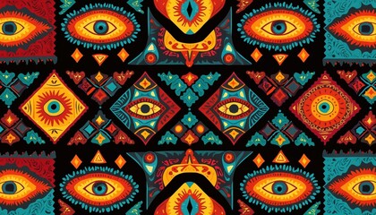 Fototapeta premium Vibrant seamless pattern with stylized eyes, abstract shapes in African tribal style on black background. Colorful turquoise, yellow, orange, red hues. Geometric motifs, diamond, eye shapes. Ornate