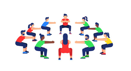 Naklejka premium Group Of People Performing Bodyweight Squats During A Fitness Session, Exercising Together