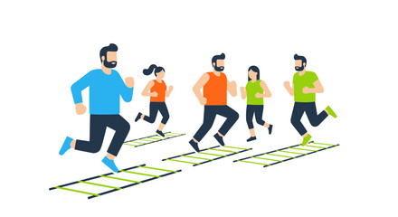 Obraz premium Group Of People Training Together On Agility Ladders Exercising For Fitness