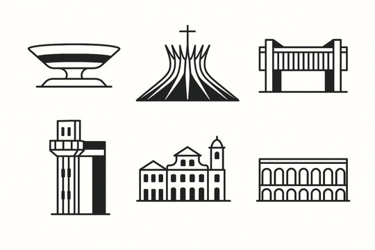 Brazilian architecture vector icon set with Niter&oacute;i museum Bras&iacute;lia cathedral S&atilde;o Paulo MASP and Rio arches