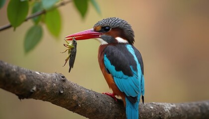 Fototapeta premium Brown kingfisher perched on branch with grasshopper in beak. Bird feeds on insect, wildlife, natural beauty in Africa. Image captures moment of predation within dry season environment.