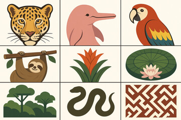 Obraz premium Amazon wildlife vector grid with jaguar dolphin macaw sloth rainforest plants and indigenous patterns