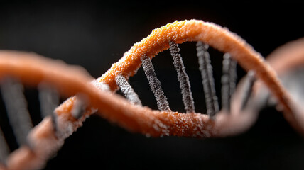Closeup of a DNA double helix with a blurred black background.