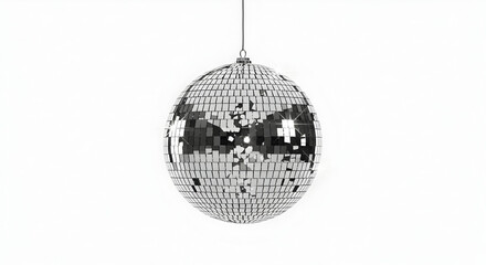Obraz premium Classic silver mirror disco ball hangs suspended against a clean bright white background ready for a party atmosphere