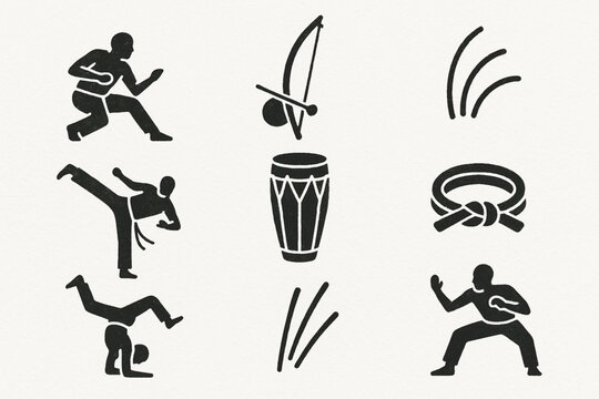Capoeira Icon Set Poses Berimbau Drum Rope Belt Energy Lines Flat Vector Grid