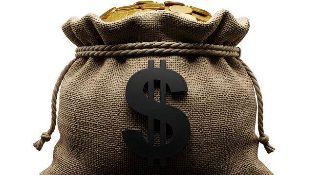 Burlap money bag overflowing with gold coins featuring a prominent black dollar sign symbol isolated on white background