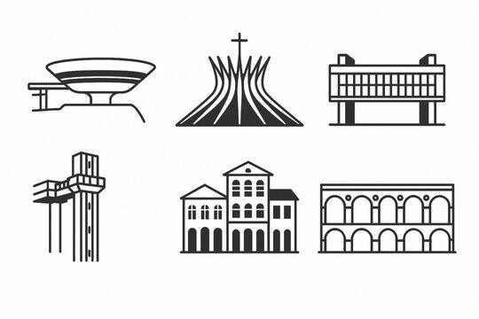 Brazilian architecture vector icon set with Niter&oacute;i museum Bras&iacute;lia cathedral S&atilde;o Paulo MASP and Rio arches