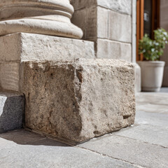Close-up of a stone column base with textured detail.