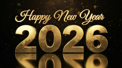 Golden 3d numbers 2026 with happy new year text and sparkling lights on dark background
