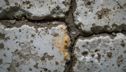 Close-up of a cracked concrete wall with peeling paint and rust stains.