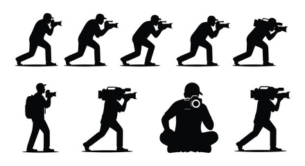 Silhouettes of photographers capturing moments in dynamic poses and actions