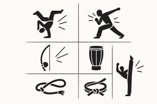 Capoeira Icon Set Poses Berimbau Drum Rope Belt Energy Lines Flat Vector Grid