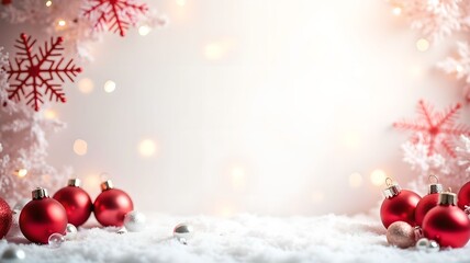 Banner, background with holiday decorations with red ornaments and snowflakes