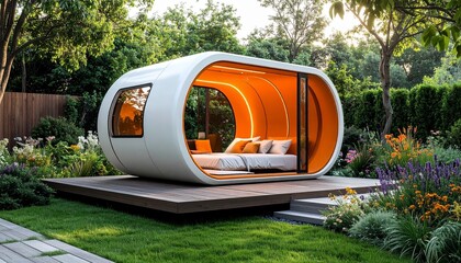 Futuristic outdoor relaxation pod with white and orange curved design on wooden platform in landscaped garden