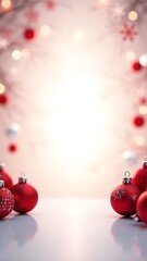 Banner, background with holiday decorations with red ornaments and snowflakes