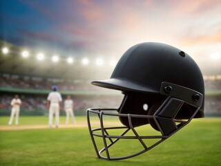 Close up of a cricket helmet with players in the background on the field background on transparent background