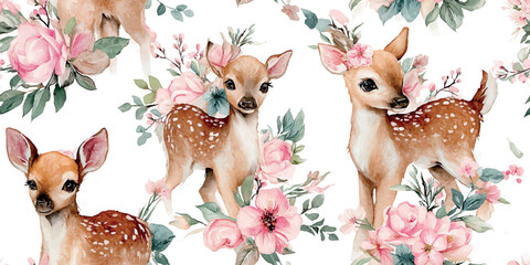 Sweet vector repeating pattern featuring watercolor baby deer and delicate pink floral bouquets, perfect for design, nursery textiles, and baby shower stationery