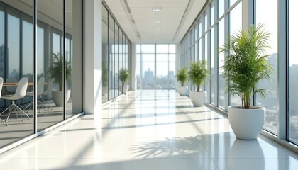 Modern bright office corridor with large windows and potted plants. Glass walls reveal meeting rooms with tables and chairs, empty space for ideas. Natural light shines on shiny floor.