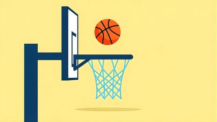 Vibrant watercolor illustration of a basketball flying towards a hoop on a sunny outdoor court with soft green foliage.