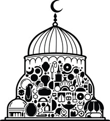 Monochrome Vector Illustration of Stylized Mosque Silhouette Filled with Culinary Tools Depicted in Minimalist Composition to Represent Cultural Fusion, Religious Symbolism, and Communal Food