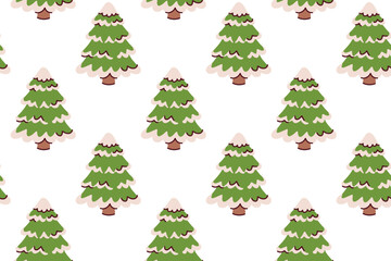 Cold season background with evergreens under snow. Endless texture of frozen spruce trees for New Year and Christmas winter design.