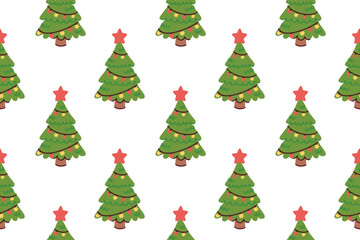 Festive background featuring repeating fir trees with red stars and glowing lights. Holiday texture with decorated spruces for wrapping paper or textile design.