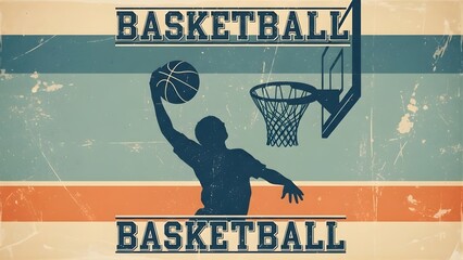 Vintage basketball design with hoop, ball, and retro striped background, featuring distressed texture.