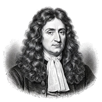 Black and white vintage engraving, close-up headshot portrait of Jean de La Fontaine, the famous historical French literary fabulist writer and poet, white background, greyscale