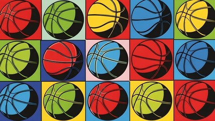 A pop art style grid of fifteen basketballs in various vibrant colors against contrasting backgrounds.